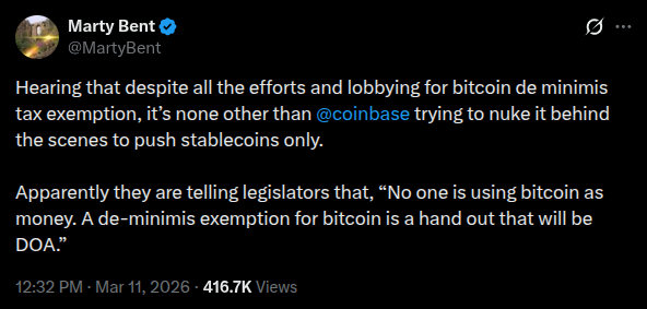 Marty Bent tweet on Coinbase lobbying