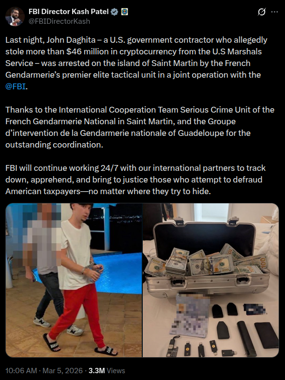 FBI Director Kash Patel tweet on arrest